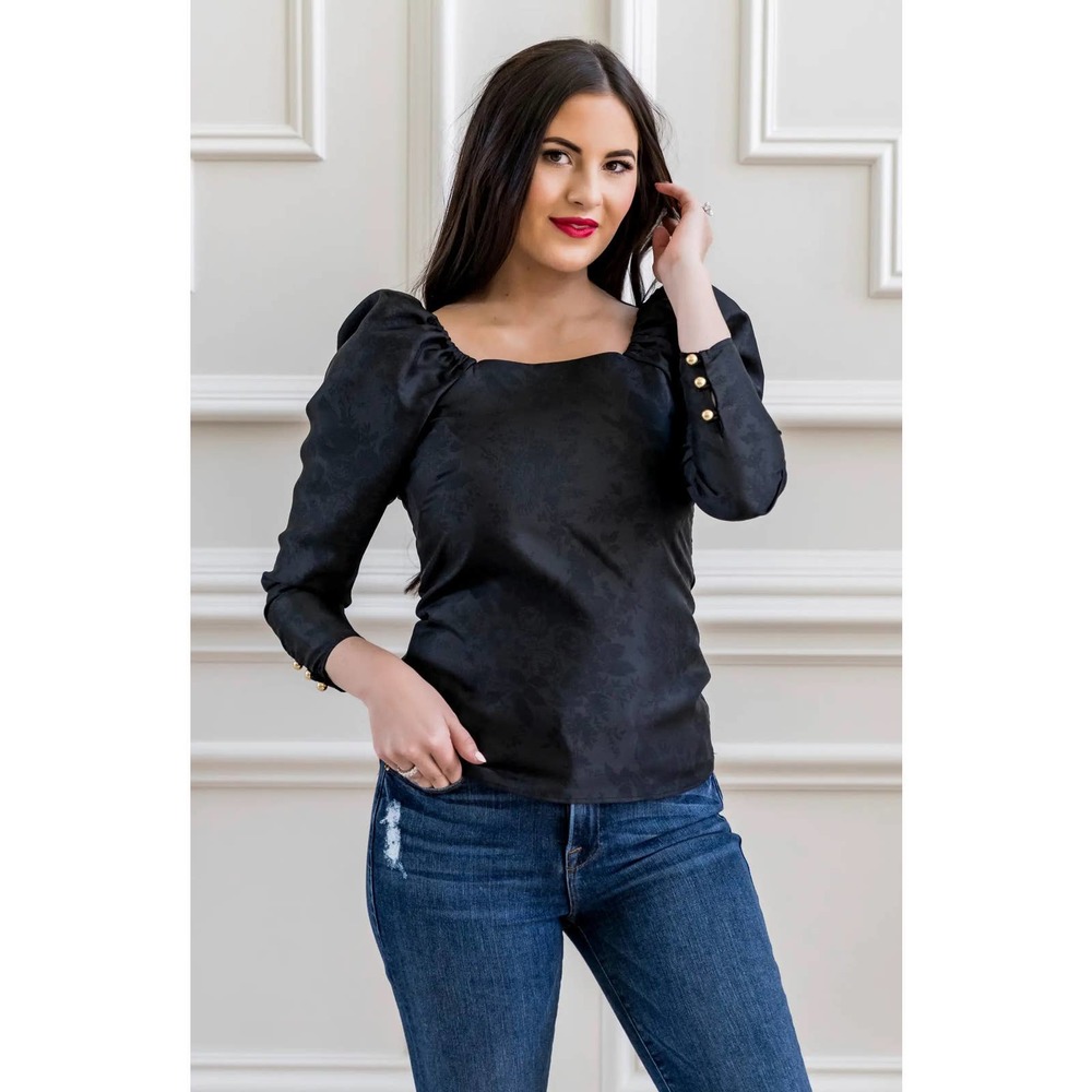 NWOT Rachel Parcell‎ Puff Sleeve Jacquard Satin Top Black Floral Blouse Small